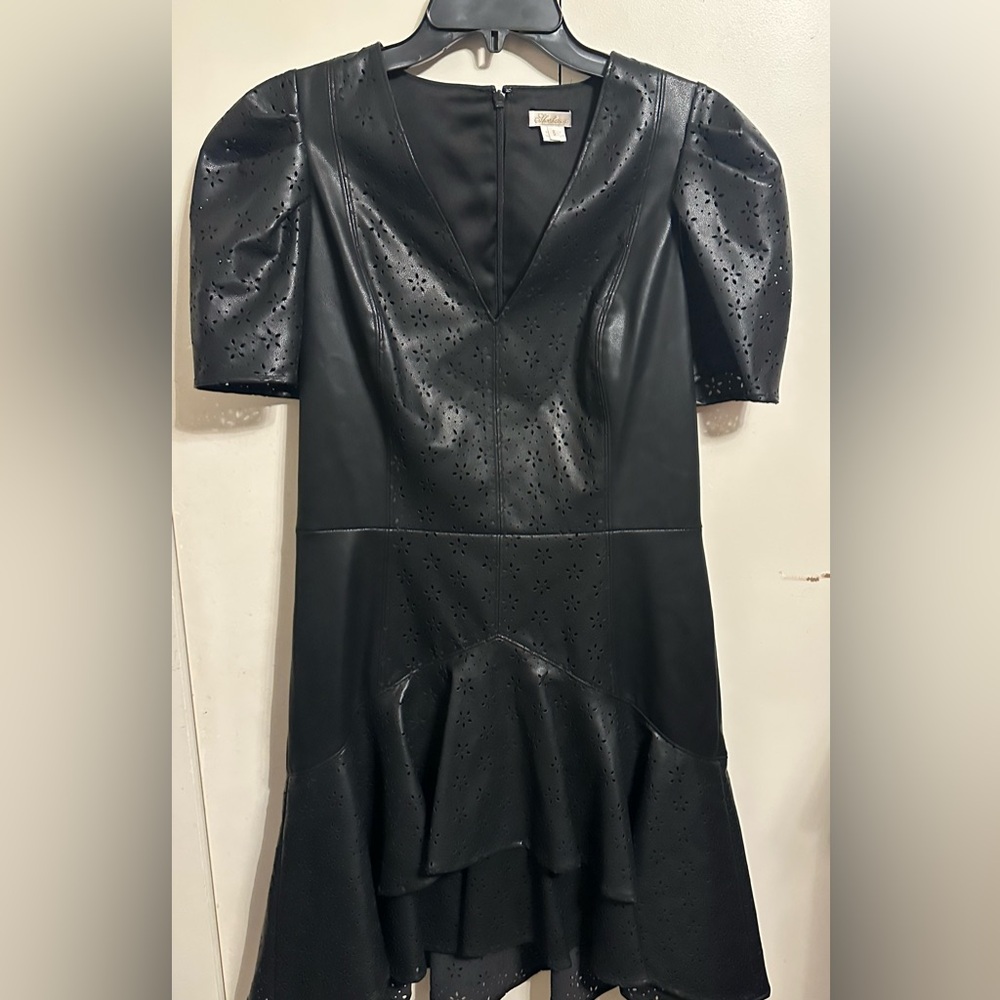 Rare Shoshanna Faux Leather Puff Sleeves Mini Dress size 8 (M)